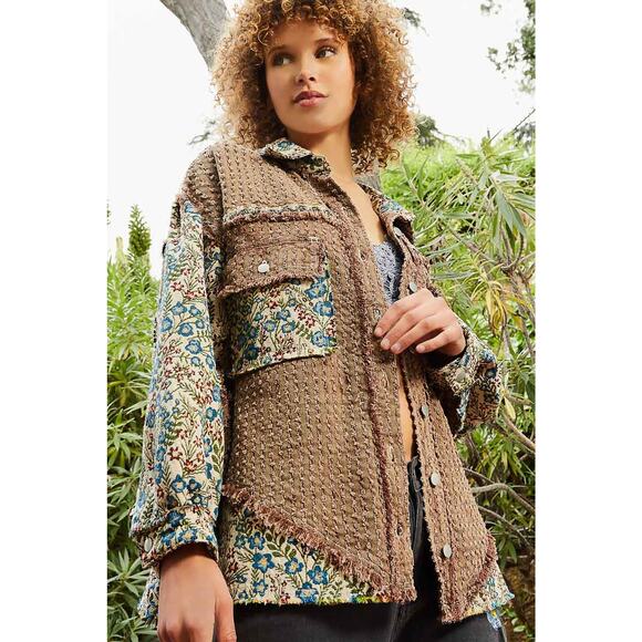 POL Chocolate Multi Oversized Jacquard Tapestry Button Down Floral Print Shacket - Picture 4 of 5